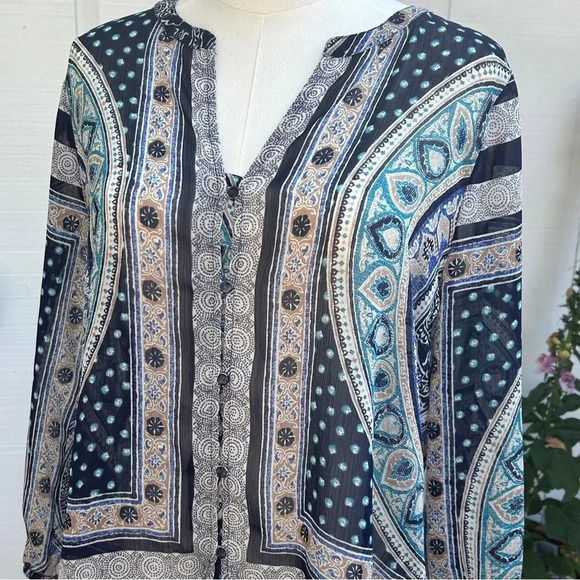 Lucky Brand Boho Chic Mixed Print Blue Paisley Button Flowy Chiffon Blouse / S - Picture 6 of 9